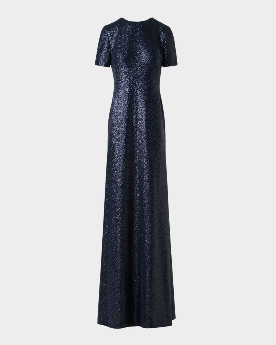Short-Sleeve Stretch Paillette Jersey Gown